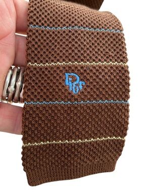 Christian Dior squared hem wool sweater brown blue stripe embroidered DIOR tie